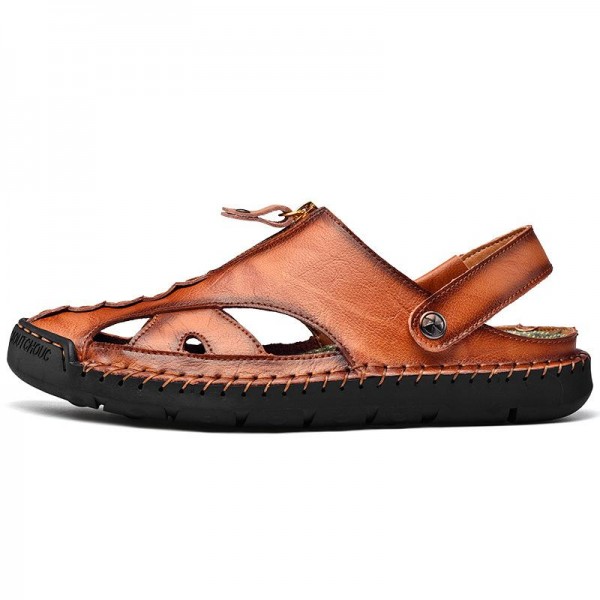 Men's Vintage First-Layer Cowhide Hollow Breathable Sandals 60168677M