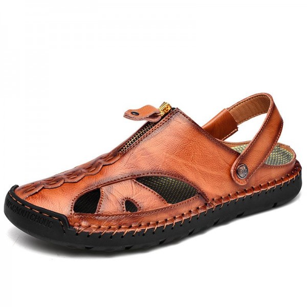 Men's Vintage First-Layer Cowhide Hollow Breathable Sandals 60168677M